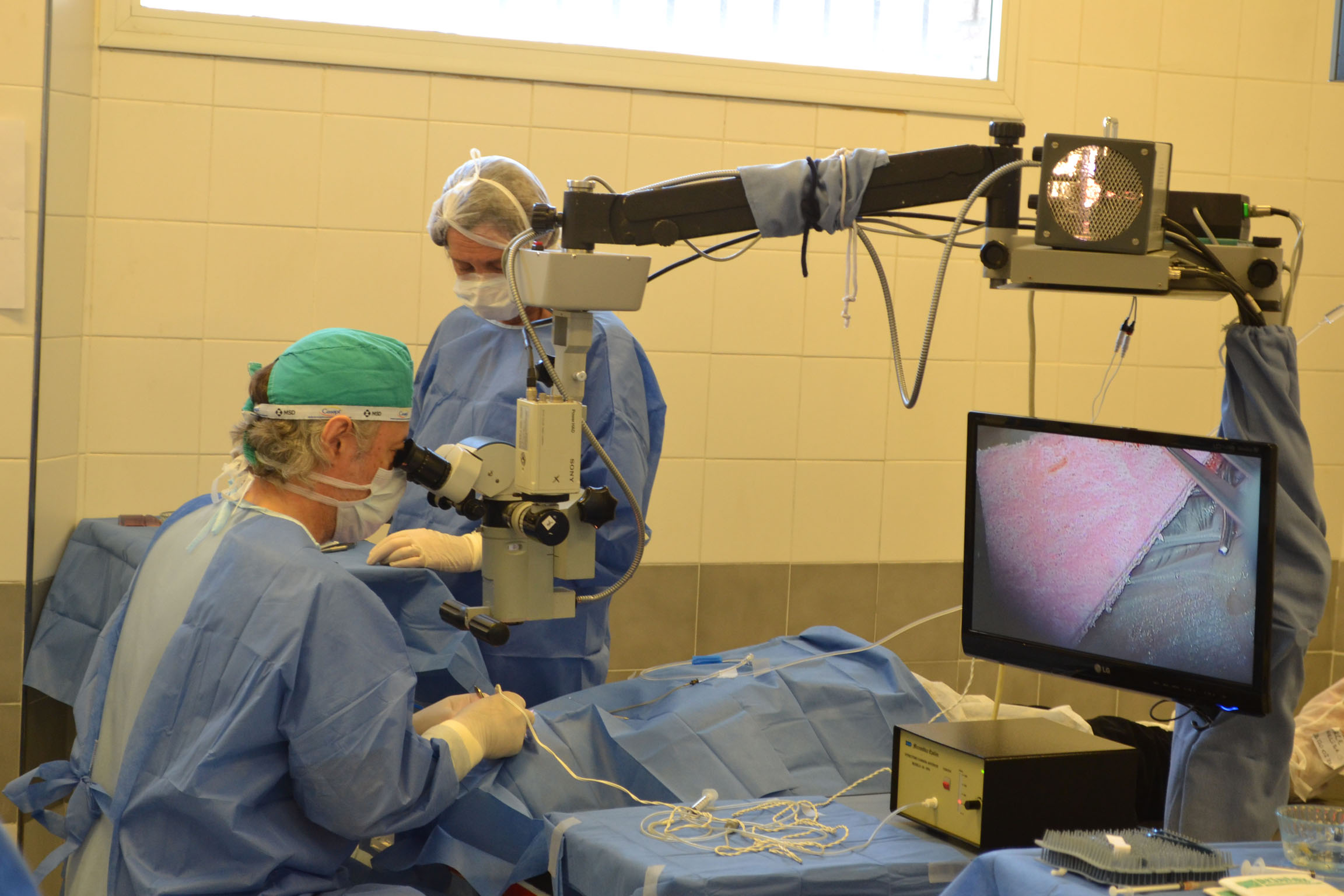 Razzari con ambo de cirugía, trabajando con un microscopio y un monitor, sobre un paciente.